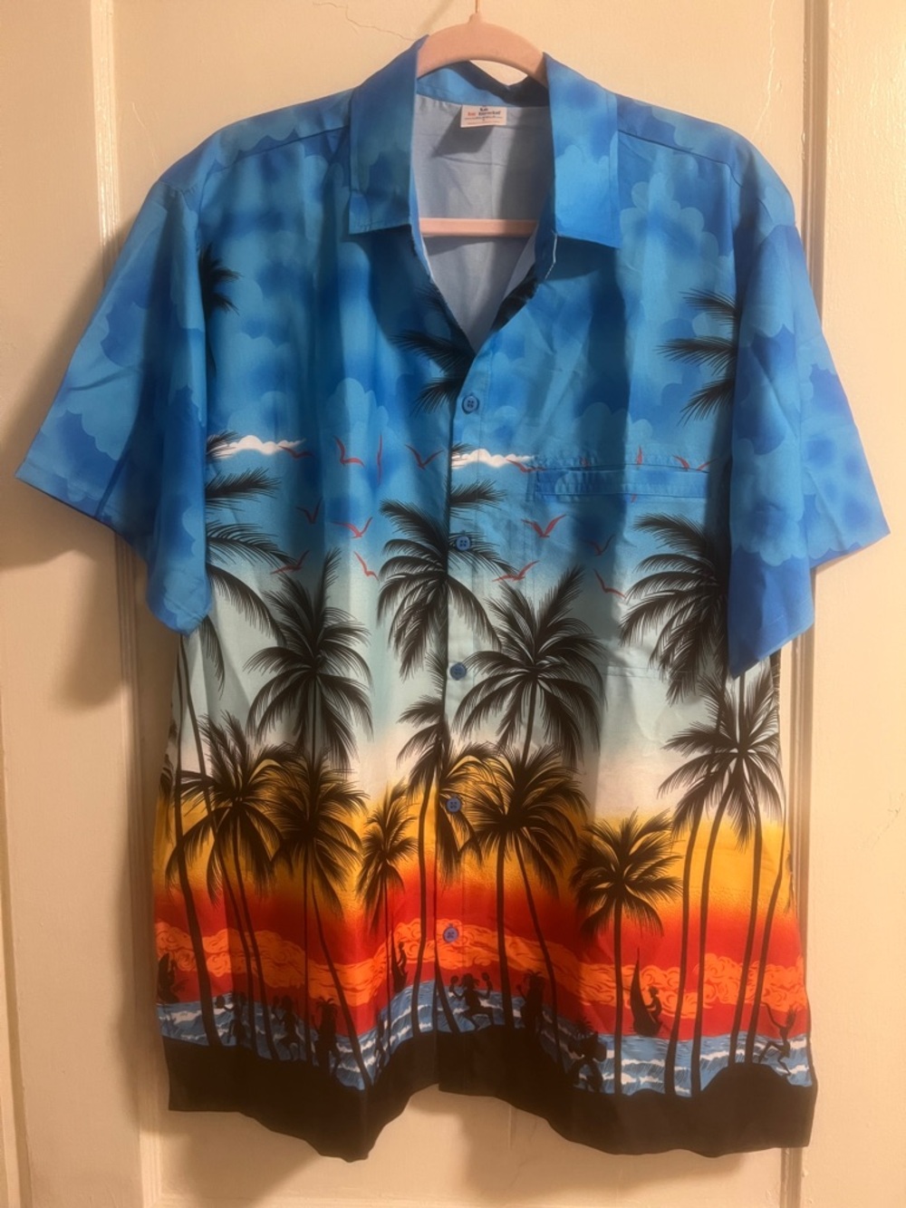 Men's Blue Tropical Hawaiian Palm-Print Short Sleeve Button-Down Shirt